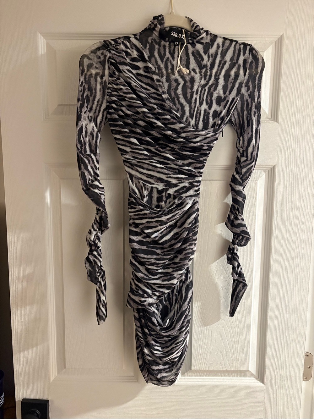 SER.O.YA Aelia Mesh Dress Grey Ocelot Mesh Cutout Ruched Mini XS $348 - Picture 3 of 5